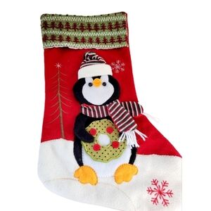 Felt Vintage Penguin 3D Christmas Stocking Red and Green